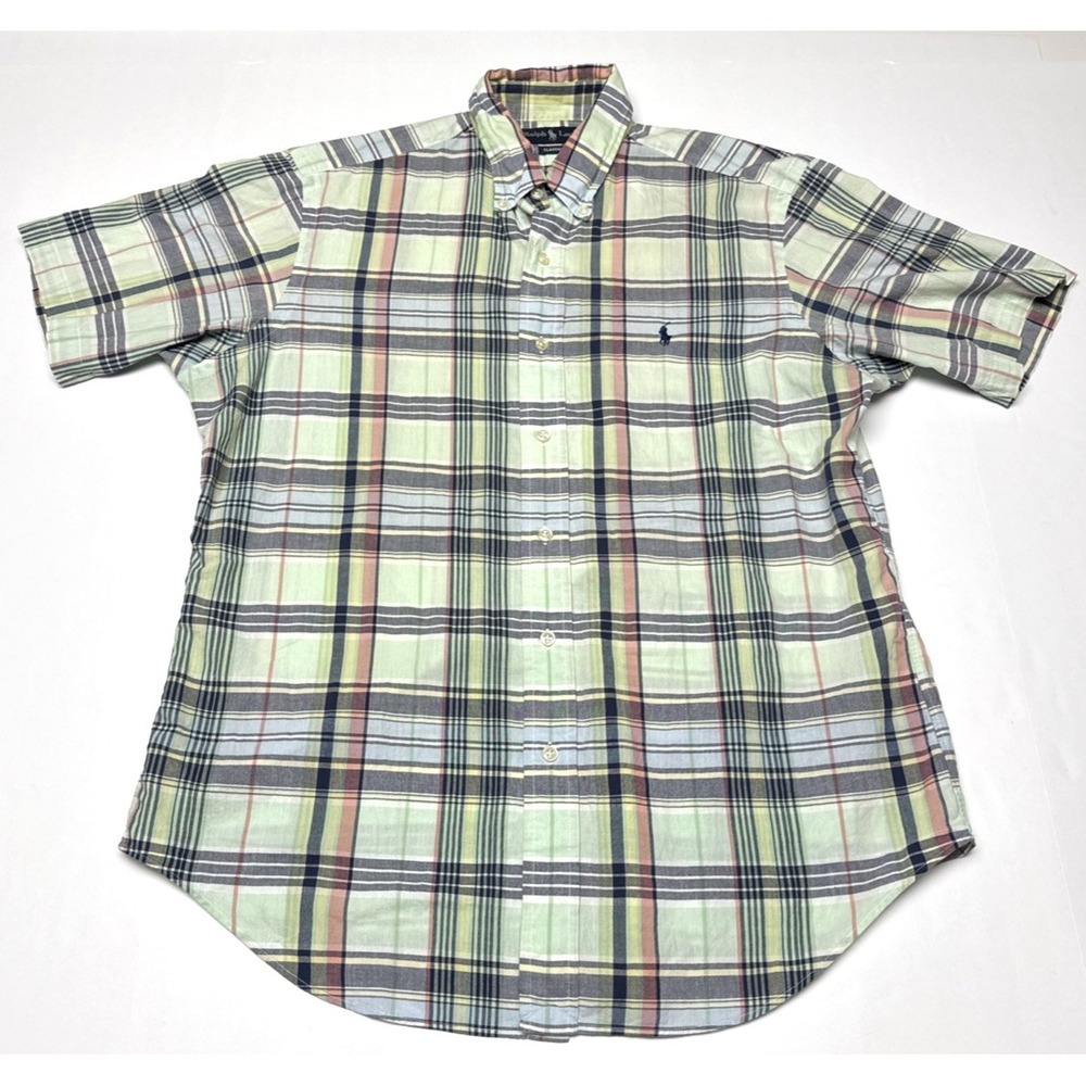 Ralph Lauren Shirt Mens Medium Green Plaid Classic Fit Short Sleeve Cotton
